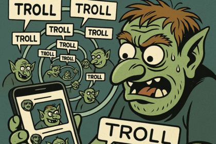 Ilustracja satyryczna: trolle internetowe komentujące siebie nawzajem, spirala komentarzy w stylu incepcji, social media jako algorytmowy chaos