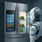 Ilustracja cyfrowa przedstawia futurystyczną lodówkę Samsung z wbudowaną sztuczną inteligencją – otwarta lodówka pokazuje świeże warzywa, a humanoidalny robot AI przygląda się jej zawartości. Panel na drzwiach wyświetla aplikacje i podgląd wnętrza urządzenia.