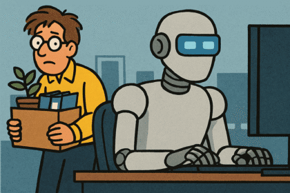 Ilustracja satyryczna w stylu cartoon: robot w okularach siedzi za biurkiem Microsoftu, podczas gdy zwolniony pracownik z kartonem rzeczy (roślinka, kubek, papiery) patrzy smutno w kamerę. Napis: „Microsoft zwalnia ludzi, żeby zatrudnić sztuczną inteligencję. 404: Mózg Not Found”.