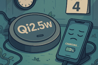 Satyryczna ilustracja: ładowarka Qi2 2.5W i znudzony smartfon czekający godzinami na pełne naładowanie, powolna technologia przyszłości