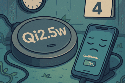 Satyryczna ilustracja: ładowarka Qi2 2.5W i znudzony smartfon czekający godzinami na pełne naładowanie, powolna technologia przyszłości