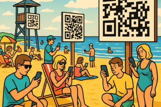 Ilustracja satyryczna: ludzie na plaży w Sopocie skanują kody QR zamiast patrzeć na morze, plaża zdominowana przez technologię