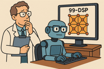 Ilustracja satyryczna w stylu cartoon: robot z okularami siedzi przy biurku, pracując przy komputerze, na którym widnieje graf struktury „99-DSP”. Obok zdezorientowany człowiek-naukowiec z notesem. U góry: „AI stworzyła nowy materiał. Człowiek już nie ogarnia.”