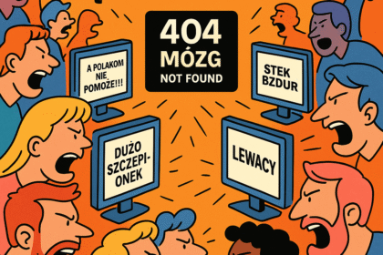 Ilustracja satyryczna w stylu memowym: tłum komiksowych postaci krzyczy do ekranów, na których wyświetlają się losowe komentarze pełne hejtu, ironii i absurdów. Na środku: logo 404mozgnotfound i napis „Trolling jako język miłości”.