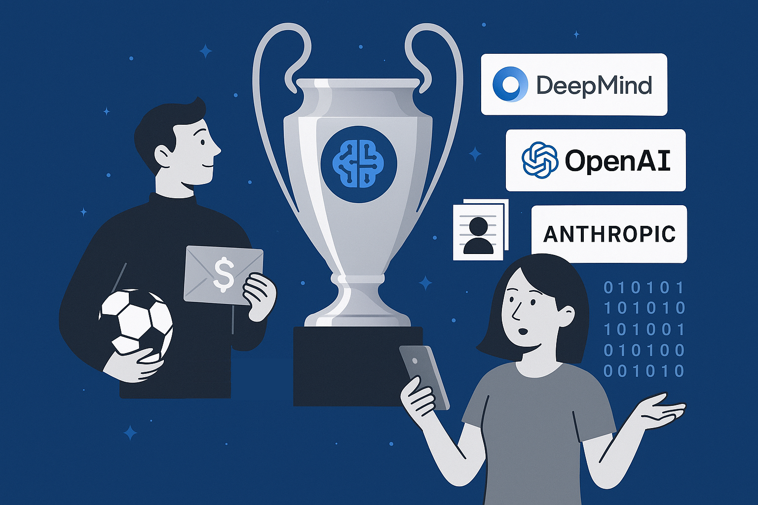Ilustracja cyfrowa w stylu płaskim przedstawiająca Ligę Mistrzów AI — centralnie znajduje się srebrny puchar z niebieskim symbolem AI, a wokół niego logotypy firm DeepMind, OpenAI i Anthropic oraz postacie symbolizujące rywalizację sztucznej inteligencji na najwyższym poziomie.