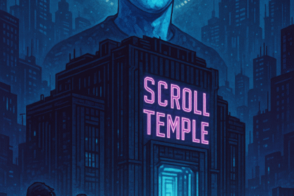 Ilustracja satyryczna: centrum danych Meta jako świątynia scrollowania, cyberpunkowa estetyka, Mark Zuckerberg jako bóg danych