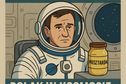 Ilustracja satyryczna przedstawiająca Sławosza Uznanskiego w kombinezonie kosmicznym na tle statku kosmicznego z słoikiem musztardy, w kontekście teorii spiskowej o jego misji kosmicznej.