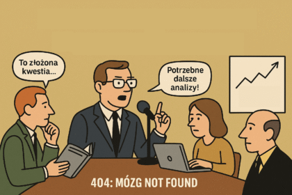 Ilustracja satyryczna w stylu cartoon: grupa postaci stylizowanych na „ekspertów” siedzi przy stole z mikrofonem, laptopem i książką. Wypowiadają klasyczne frazy typu „Potrzebne dalsze analizy” i „To złożona kwestia”. Obok wykres z podpisem „Czynniki złożoności dzielonych”. Napis: „Think Tanki, eksperci i symulacja wiedzy. 404: Mózg Not Found”.