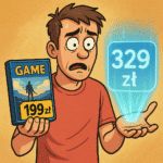 Porównanie ceny gry pudełkowej i cyfrowej – satyryczna ilustracja.