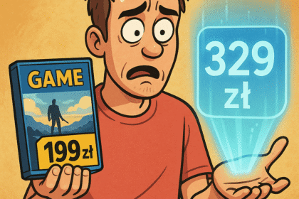 Porównanie ceny gry pudełkowej i cyfrowej – satyryczna ilustracja.