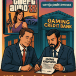 Satyryczna ilustracja w stylu plakatu reklamowego: na pierwszym planie okładka GTA 6 z wielką ceną „499 zł” i dopiskiem „wersja podstawowa”. Obok stoją postacie w garniturach podpisujące umowę kredytową, a w tle widać bank z neonem „Gaming Credit Bank”. Kolory: intensywne, humorystyczne, z przerysowaną estetyką reklam bankowych.