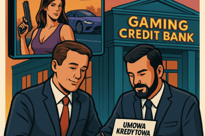 Satyryczna ilustracja w stylu plakatu reklamowego: na pierwszym planie okładka GTA 6 z wielką ceną „499 zł” i dopiskiem „wersja podstawowa”. Obok stoją postacie w garniturach podpisujące umowę kredytową, a w tle widać bank z neonem „Gaming Credit Bank”. Kolory: intensywne, humorystyczne, z przerysowaną estetyką reklam bankowych.