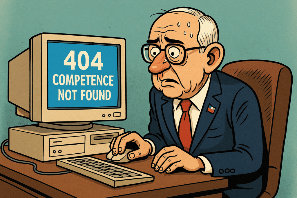 Minister cyfryzacji przed starym komputerem z błędem 404