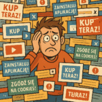Wkurzający pop-up z reklamami otaczający użytkownika.