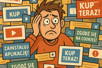 Wkurzający pop-up z reklamami otaczający użytkownika.