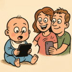 Satyryczna ilustracja sharentingu – dziecko jako content w social media