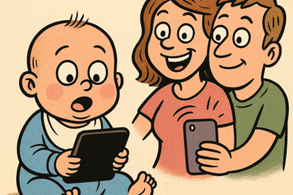 Satyryczna ilustracja sharentingu – dziecko jako content w social media