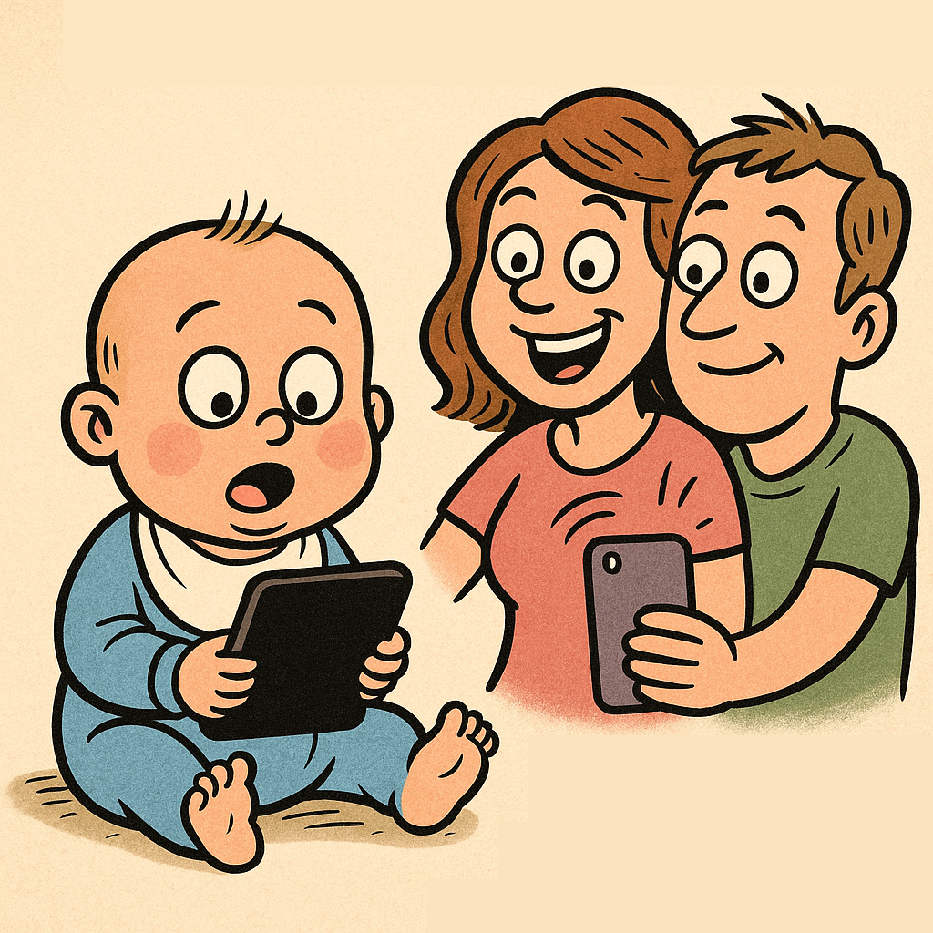 Satyryczna ilustracja sharentingu – dziecko jako content w social media