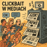 Satyryczna ilustracja przedstawiająca wielką machinę drukującą artykuły z wielkimi nagłówkami w stylu „SZOK!” i „SKANDAL!”, a obok tłum ludzi kłócących się w komentarzach. Nad wszystkim wisi logo portalu liczącego pieniądze.