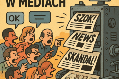 Satyryczna ilustracja przedstawiająca wielką machinę drukującą artykuły z wielkimi nagłówkami w stylu „SZOK!” i „SKANDAL!”, a obok tłum ludzi kłócących się w komentarzach. Nad wszystkim wisi logo portalu liczącego pieniądze.