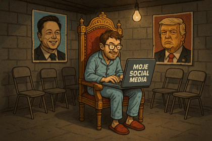 Parodia – człowiek tworzący własne social media w piwnicy.