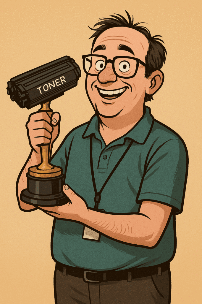 Pseudo-specjalista IT trzyma toner jak nagrodę filmową