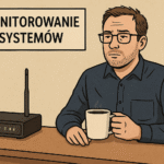 Pseudo-IT siedzi z kawą obok routera udając, że monitoruje systemy