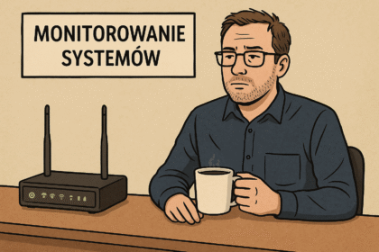 Pseudo-IT siedzi z kawą obok routera udając, że monitoruje systemy