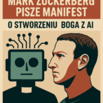 Retro-futurystyczna ilustracja stylizowana na plakat propagandowy. Mark Zuckerberg i humanoidalna twarz AI stoją obok siebie na tle czerwono-beżowym. Napis: „Zuckerberg pisze manifest. Nie o pokoju. O stworzeniu Boga z AI.” Styl: satyryczny, poważny, z nutą absurdu.