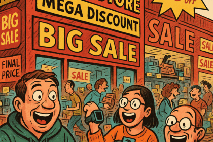 Satyryczna ilustracja pokazująca ludzi kupujących chińskie gadżety na wyprzedaży