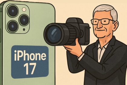 Satyryczna ilustracja przedstawiająca iPhone’a 17 w nowym „rewolucyjnym” kolorze, obok banera „Najbardziej innowacyjny iPhone w historii” przekreślonego dopiskiem „od 2007 roku”. W tle Tim Cook trzymający wielki aparat fotograficzny zamiast telefonu.