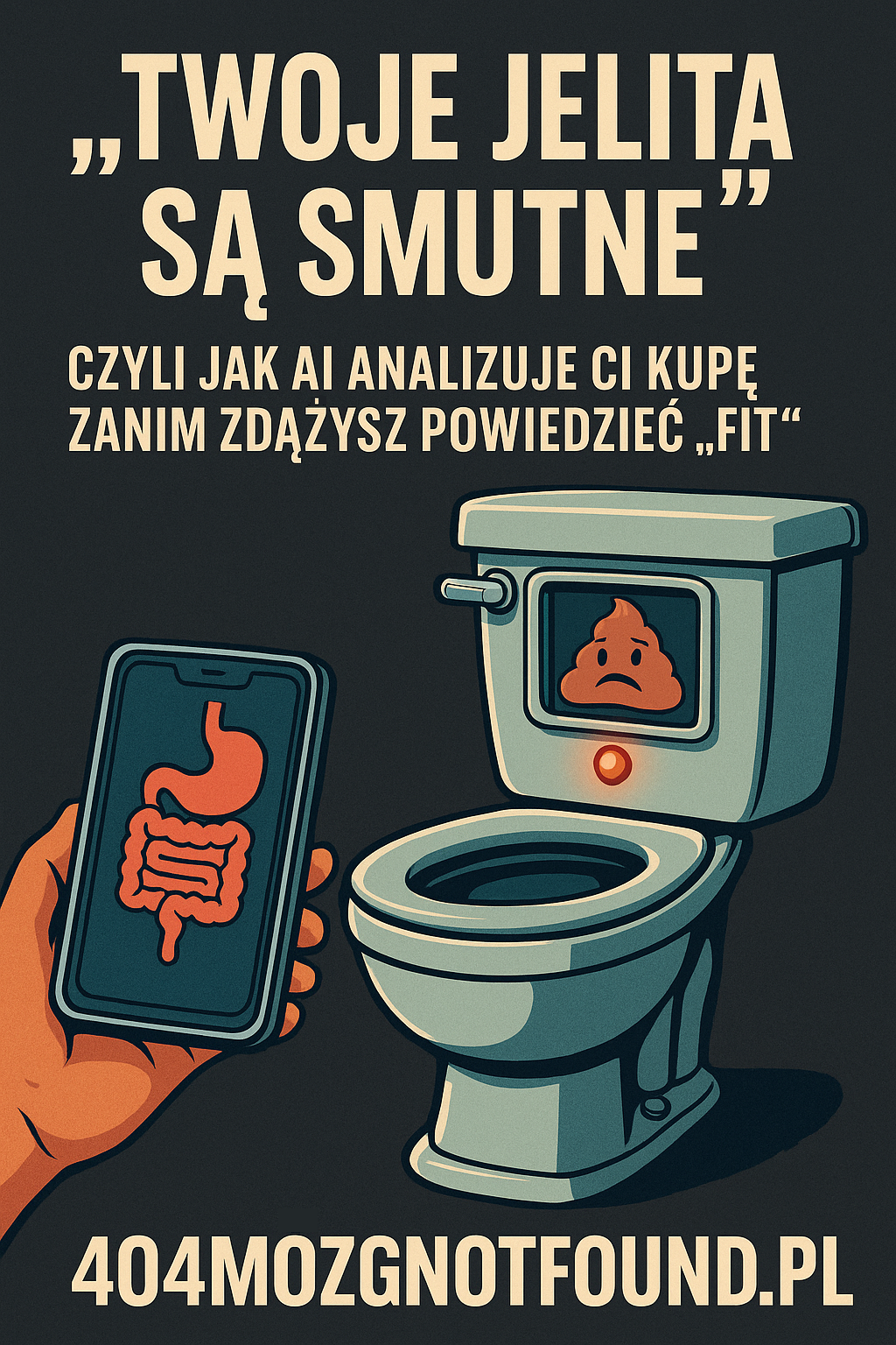 Satyryczna grafika przedstawia retro-toaletę z ekranem pokazującym smutną emotkę w kształcie kupy, obok której znajduje się smartfon z grafiką układu trawiennego. Na górze napis „TWOJE JELITA SĄ SMUTNE”. Styl: vintage-futurystyczny, kolory kremowe i niebieskoszare.