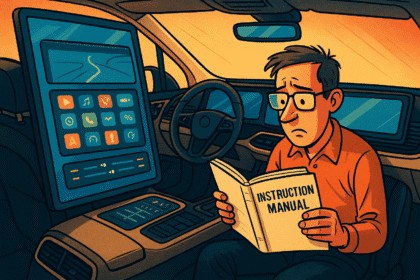 Nowoczesny samochód z przesadną ilością ekranów w środku – satyra motoryzacyjna.