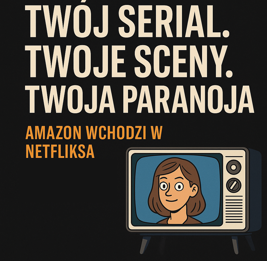 Grafika w stylu retro-futurystycznym, z napisem „TWÓJ SERIAL. TWOJE SCENY. TWOJA PARANOJA”. Obok ekran starego telewizora, na którym pojawia się wygenerowana przez AI postać kobiety. Całość na czarnym tle z kontrastowym pomarańczowym tekstem. Hasło podkreśla paranoję personalizowanego streamingu.