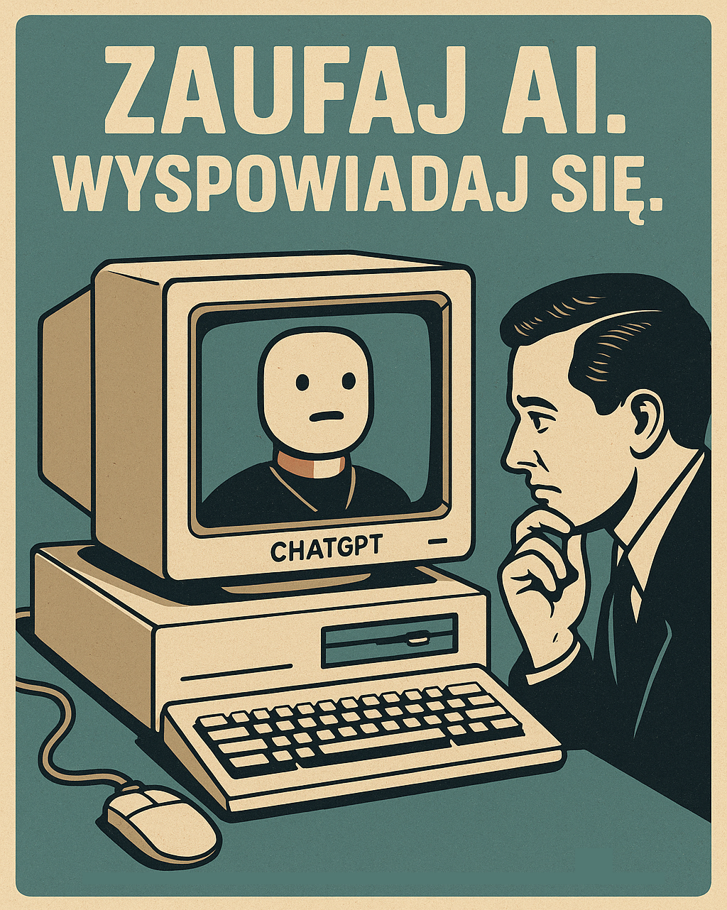 Satyryczna ilustracja retro w stylu propagandowym: mężczyzna wpatruje się w stary komputer z monitorem CRT, na którym widnieje minimalistyczna twarz AI w koloratce. Tekst głosi: „Zaufaj AI. Wyspowiadaj się. A potem sprawdź, czy nie jesteś już w Google.” Kolory: beż, czerń, turkus.