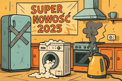 Satyryczny rysunek zepsutego sprzętu AGD w kuchni, pokazujący tandetę i planowane postarzanie.
