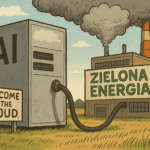 Serwer AI zasilany przez elektrownię gazową, ironiczna wizja zielonej energii.