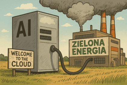 Serwer AI zasilany przez elektrownię gazową, ironiczna wizja zielonej energii.