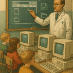 Polska sala komputerowa z komputerami z lat 90., nauczyciel od chemii prowadzi informatykę.
