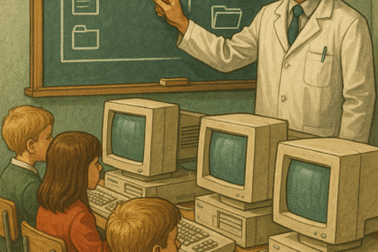 Polska sala komputerowa z komputerami z lat 90., nauczyciel od chemii prowadzi informatykę.