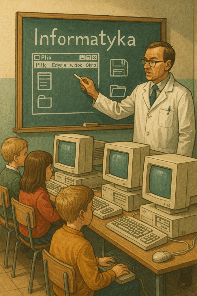 Polska sala komputerowa z komputerami z lat 90., nauczyciel od chemii prowadzi informatykę.