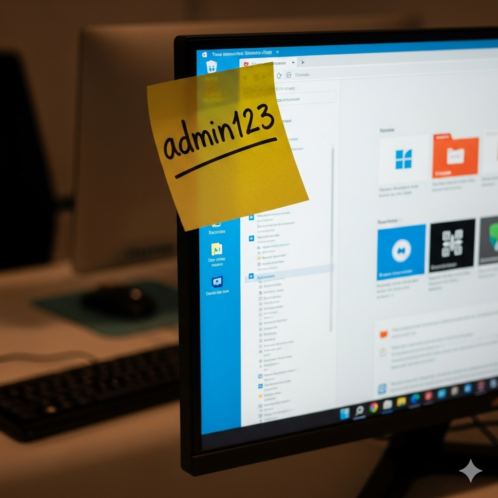Hasło admin123 zapisane na żółtej karteczce