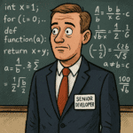 Satyryczna ilustracja: Senior Developer po kursie IT w 2 tygodnie.