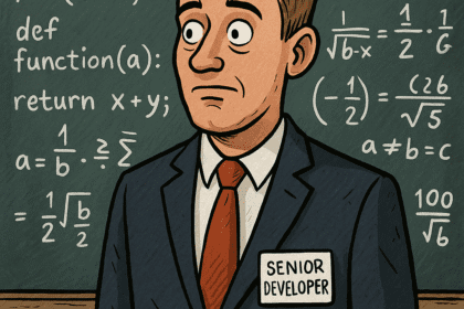 Satyryczna ilustracja: Senior Developer po kursie IT w 2 tygodnie.