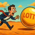 Satyryczna ilustracja człowieka goniącego złotą kulę Lotto – pogoń za złudzeniami.