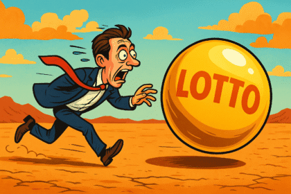 Satyryczna ilustracja człowieka goniącego złotą kulę Lotto – pogoń za złudzeniami.