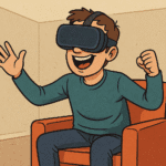 Człowiek w goglach VR udający zabawę w pustym pokoju – satyra na Metaverse