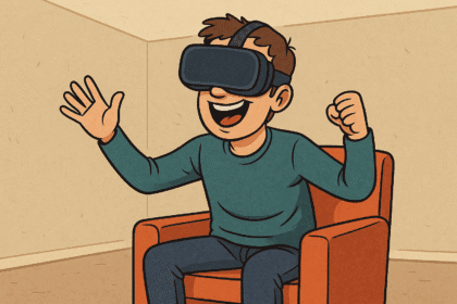 Człowiek w goglach VR udający zabawę w pustym pokoju – satyra na Metaverse