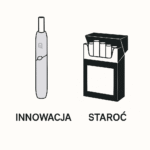 Porównanie e-papierosa w designerskim stylu z klasyczną paczką papierosów.