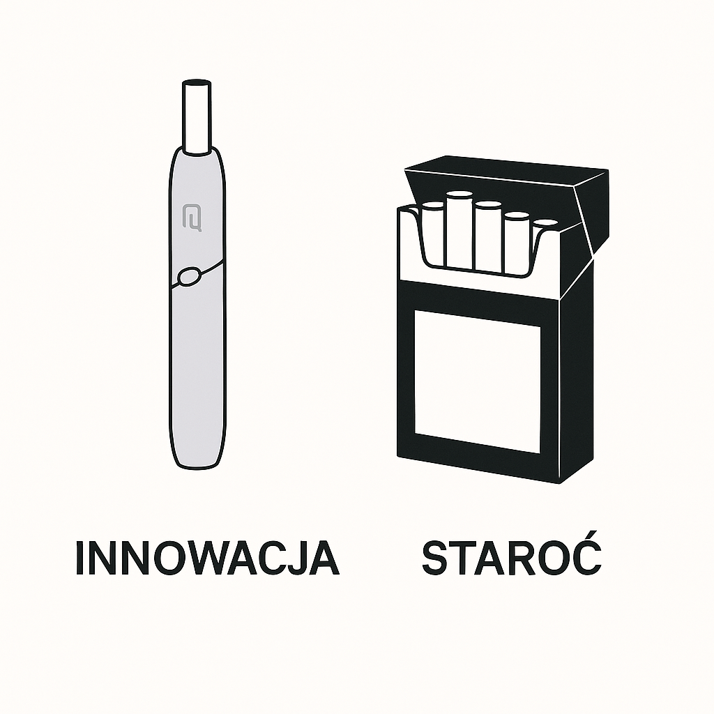 Porównanie e-papierosa w designerskim stylu z klasyczną paczką papierosów.